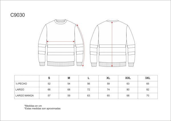 Miliar Ropa Laboral Sudadera clásica de alta visibilidad, de cuello redondo con cintas reflectantes. Cubre costuras en el interior del cuello y costuras reforzadas. Dos cintas reflectantes en pecho, espalda y mangas. Suave y cálido acabado en el interior. Cuello, puños y cintura elásticos en punto canalé.