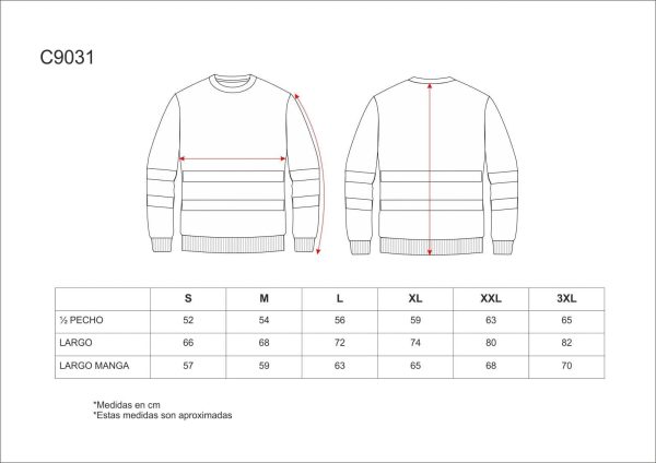 Miliar Ropa Laboral Sudadera clásica de cuello redondo con cintas reflectantes. Cubre costuras en el interior del cuello y costuras reforzadas. Dos cintas reflectantes en pecho, espalda y mangas. Suave y cálido acabado en el interior. Cuello, puños y cintura elásticos en punto canalé.