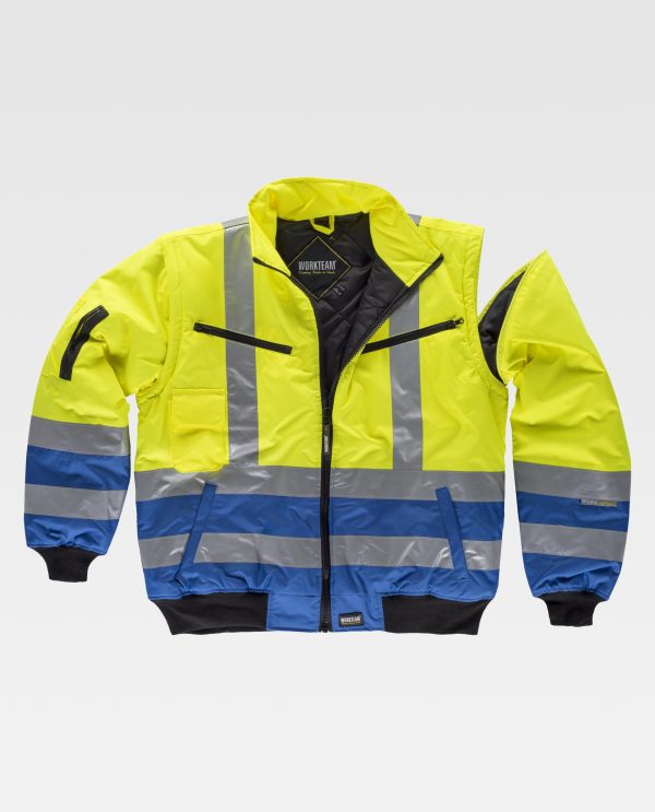 Miliar Ropa Laboral Piloto acolchada e impermeable en tejido Oxford, combinada, con mangas desmontables y cintas reflectantes. Parte superior de alta visibilidad. Cuello alto y cierre de cremallera. Dos bolsos interiores con cierre de cremallera y un bolso auxiliar de fuelle con cartera de velcro en el pecho. Dos bolsos laterales de ojal. Un bolso de plastón con cierre de cremallera y bolsillo compartimentado en la manga. Un bolso de pecho de plastón en el interior. Una cinta reflectante en hombros y dos en pecho, espalda y mangas. Puños y cintura elásticos en punto canalé.