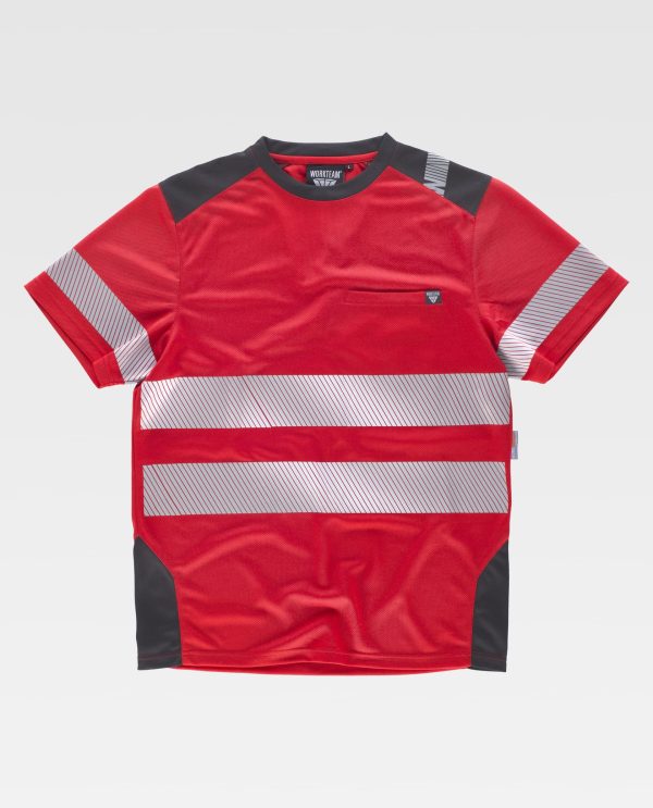 Miliar Ropa Laboral Camiseta combinada de manga corta en poliéster micropiqué con cintas reflectantes segmentadas. Cuello redondo con cubrecosturas interior y franjas a contraste en hombros y costados. Un bolso de pecho de ojal. Una cinta reflectante segmentada termoadhesiva en mangas y dos de distinto tamaño en pecho y espalda. Cinta decorativa personalizada en un hombro. Tejido fresco y ligero de alta permeabilidad al aire. Transpirable, de fácil secado y resistente al encogimiento.