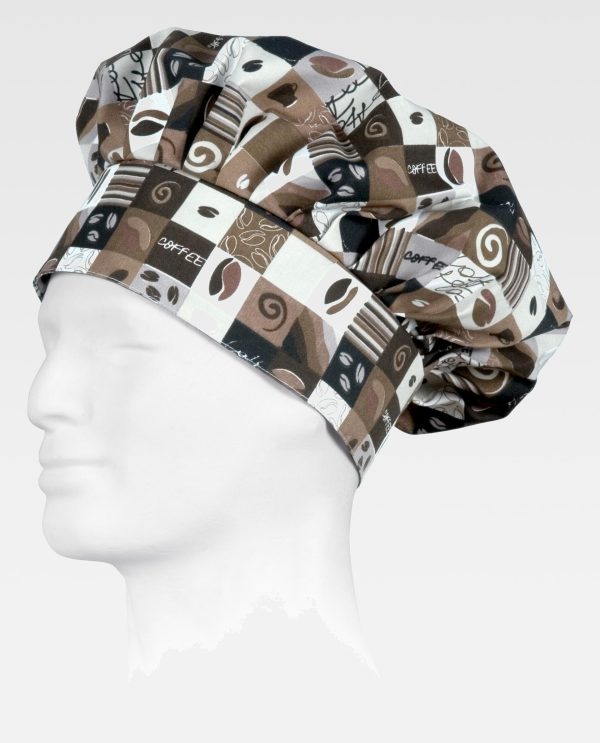 Miliar Ropa Laboral Gorro francés de cocina estilo champiñón estampado. Pliegues en la parte superior y ajuste con velcro en la parte posterior para una mejor adaptación.