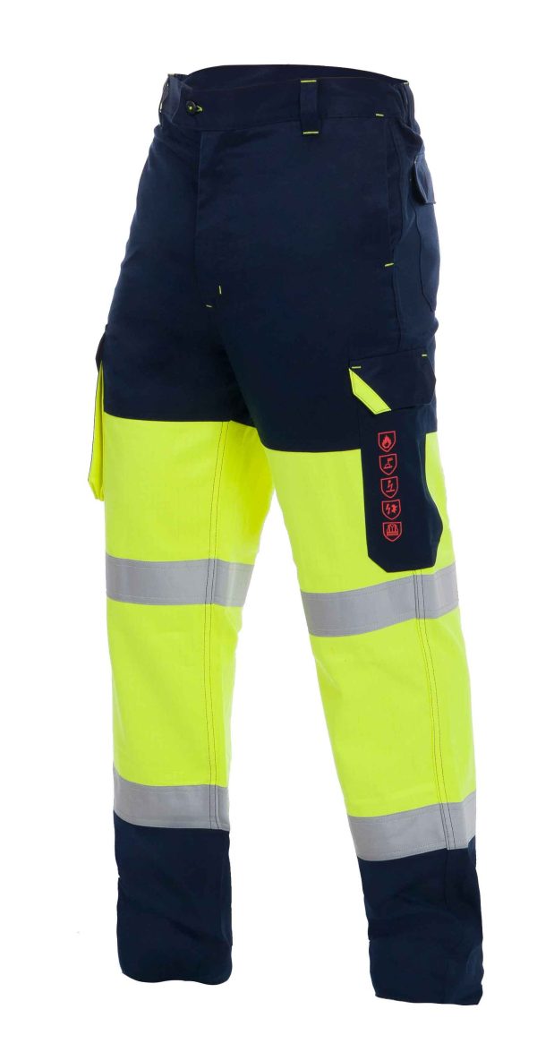 Miliar Ropa Laboral Pantalón. Base: 65% modacrílico, 33% algodón y 2% fibra antiestática.Gramaje: 270GSM. Flúor: modacrílico multifibra.